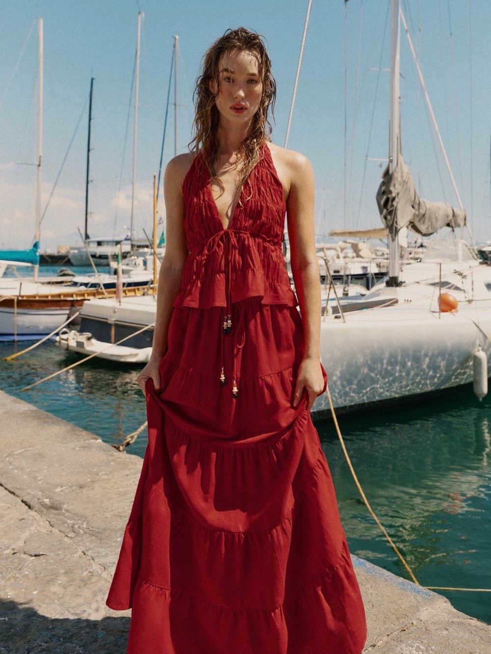 Zara Red Linen Halter Tiered Skirt Set - Picture 1 of 11